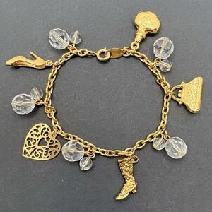 Vintage Trifari Charm Bracelet Shoe Heart Purse‎ Perfume Gold Tone 7.25"